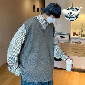 캐주얼 남성 루즈핏 니트 조끼 오버사이즈 남성캐릭터반팔티셔