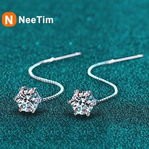 N Tim 1CT Moissanite 귀걸이 S925 스털링 실버 도금 화이트 골드 귀 와이어 라인 후프 웨딩 파인 쥬얼리