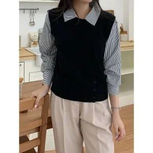 [하프클럽/샵앤]여성 니트조끼 레이어드 스트라이프 긴팔 셔츠 21DS-WBL-4996-