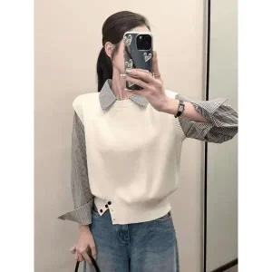 [하프클럽/샵앤]여성 니트조끼 레이어드 스트라이프 긴팔 셔츠 21DS-WBL-4996-