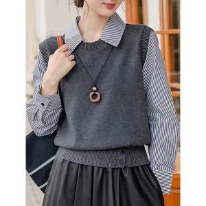 [하프클럽/샵앤]여성 니트조끼 레이어드 스트라이프 긴팔 셔츠 21DS-WBL-4996-