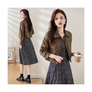 EAMT 여성코트 커피색빈티지 가죽 코트 봄가을 마이야르 숏재킷 PU상의 YJ3