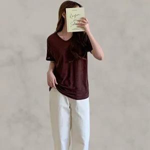 [옷자락]여성 일상용 단색 린넨 브이넥 반팔 티셔츠