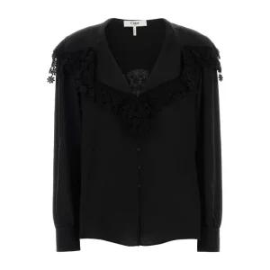 레이스 칼라 브이넥 실크 블라우스 CH25WHT15332 001