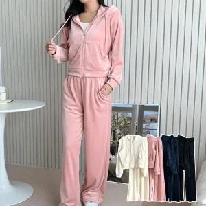 [제이커머스]여성 홈웨어 간편 외출 벨벳 소재 후드집업 팬츠 세트 여자기모츄리닝 여성트레이닝복 여자홈