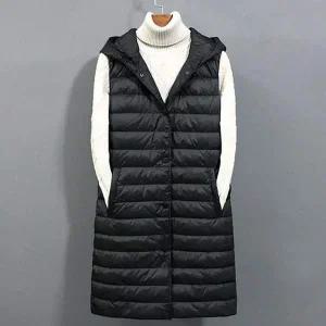 [콩심팥심]여성 겨울 아우터 스타일 경량 슬림 후드 롱 패딩조끼