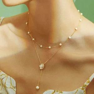 [골드스마일]여성 레이어드목걸이 두줄 플라워 포인트 진주 목걸이