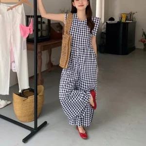 고품질 체크 라운드넥 와이드 팬츠 점프슈트 (WE66E60)