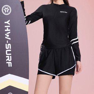 [다잇템]여자 롱슬리브 잔주름 배색줄 하프팬츠 수영복