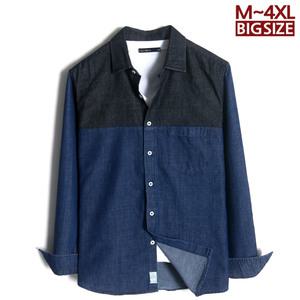 D529 청남방 빅사이즈 워싱 배색 데님 셔츠 남자 남성