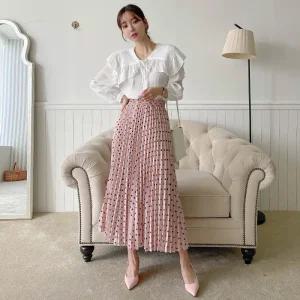 [코코블랑] 도트 플리츠 롱 스커트(밴딩)