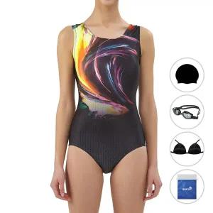 [쿠아로] 여성용 U백 수영복 + 수모 + 수경 + 브라컵 + 비닐백 세트 ILF117S