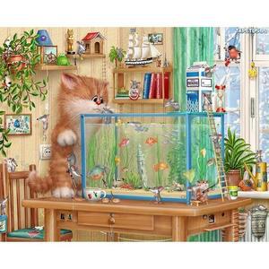 [OFM668SQ]고양이와 어항  패브릭  보석십자수 사각 30x40