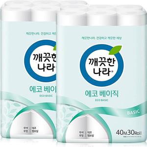 깨끗한나라 에코 베이직 2겹 화장지 40m 30롤 2팩 (60롤)