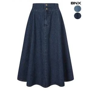 [비엔엑스]여성 데님 투버튼 A라인 플레어 롱 스커트