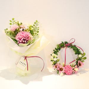 핸드메이드 폼폼데이지 미니조화 꽃다발+리스 세트 납골당 꾸미기