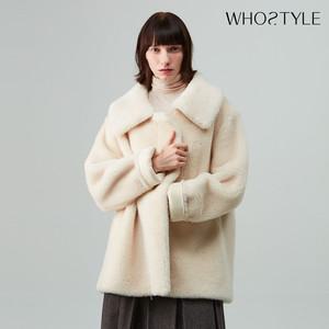 [후스타일] 후스타일 여성 천연 양모 와이드카라 퍼 자켓 아이보리