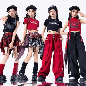 주니어 초등 섹시한 레드 방송댄스복 공연복 체크 크롭 스트릿 걸스힙합