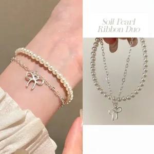 솔빈 드롭 리본 팬던트 레이어드 두줄 팔찌