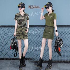 경쾌한 밀리터리 반바지 군복 투피스 반팔 야외 스포츠 여성 캐주얼 세트