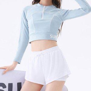 [옷자락]여자 래쉬가드 크롭 스티치 긴팔 반바지 투피스 수영복