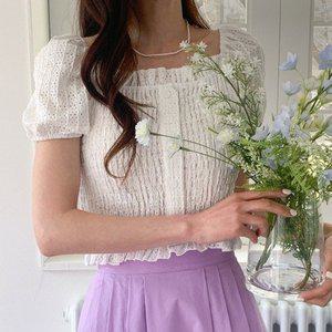 [VY] 여자 SS 2WAY 고무줄 여성스러운 펀칭 스모킹 블라우스_16600293_588847