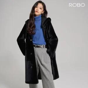 로보 리버시블 더블 버튼 후드 탈부착 롱 무스탕 코트