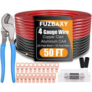 4 게이지 와이어(25피트 블랙+25피트 레드) 구리 클래드 알루미늄 자동차 전원 접지 케이블 와이어, 20PCS 러그 단자 커넥터, 열 수축 튜브, 케이블 커터가 있는 100A ANL 퓨즈
