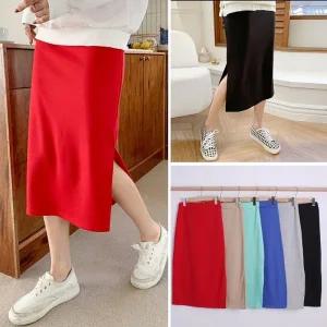 여성 심플 무지 밴딩 H라인 트임 롱 스커트 치마 -WSK0157- 봄 가을