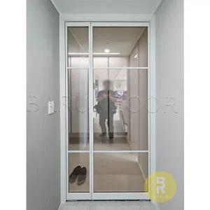 [바른도어]26번 초슬림유압 비대칭양개스윙중문 띠분할형 유백화이트 원웨이미러강화유리