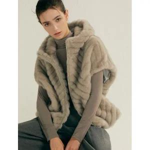 [하프클럽/리오벨]FAUX 밍크 쉐브론 반후드 케이프자켓 LV4VT0005