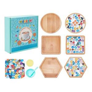 위비디 3세트 유리 모자이크 타일 키트, 대나무 코스터 DIY 모자이크 코스터 공예 키트, 성인용 트레이 홈 데코 크리스마스 선물