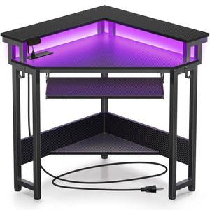 롤란스타 코너 데스크, 44.5인치 W x 34.5인치 H 카본 파이버 컴퓨터 책상, 전원 콘센트, LED 조명 및 키보드 트레이, 작은 공간을 위한 모니터 스탠드가 있는 소형 오피스 블랙