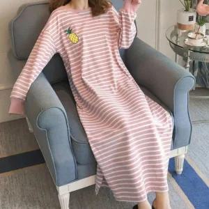 도트 파자마 원피스 바지 겨울 면 긴팔 스트라이프 패턴 홈웨어 잠옷