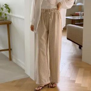 여자 파자마룩 배색 스트라이프 와이드 바지_4