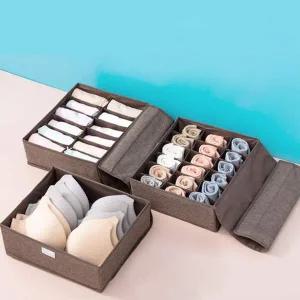 린넨 덮개형 속옷 정리함 3종 세트(브라운)