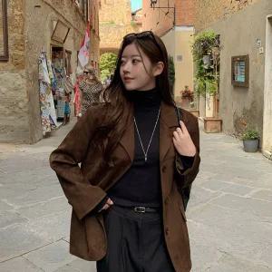 로코 데일리 스웨이드 오버핏 자켓 가을 여자 브라운 카라자켓 출근룩