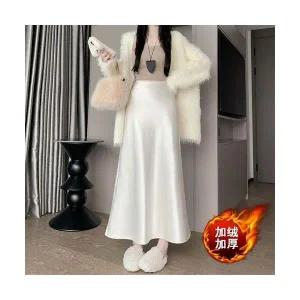 여성 데일리 봄 A라인 스커트 새틴 기모 반신 머메이드 롱 허리 밴딩 스포M1