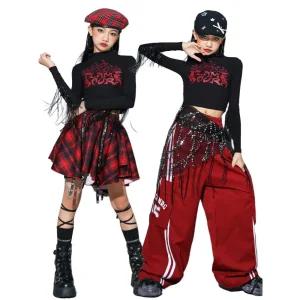 스우파 레드 태슬 초등 방송 댄스복 주니어 체크모자 아이돌 걸그룹