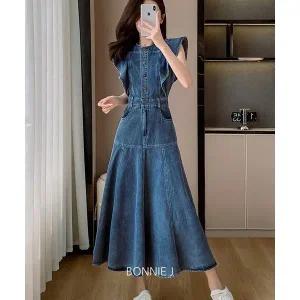 [보니앤제이]프릴 날개 민소매 슬림 A라인 청 데님 롱 원피스 여름 나시 _P367419806