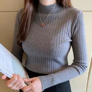 여성 슬림핏 반목 터틀넥 세로 골지 니트 티셔츠 목폴라 긴팔 니트티 데일리 반폴라 4칼라