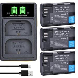 2650mAh LP-E6 LP E6 LP-E6-E6N 배터리 팩 + Canon EOS 5DS R Mark II 6D 7D 80D R5 XC10 용 LED 듀얼 충전