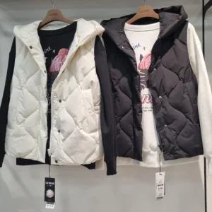 HC34 여성 후드 웰론 허리 스트링 베스트 여성 패딩 조끼,  여성 후드 패딩 베