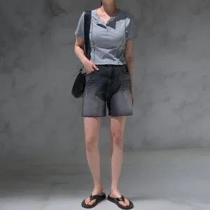 [다잇템] 여성 세미크롭 카라넥 골지 미니멀리즘 단추 반팔티셔츠