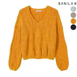 여성 울혼방 브이넥 벌룬소매 니트