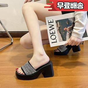 신발 여성 2025 수영장 용 슬리퍼 굽 뮬 플랫폼 반짝이 슬라이드 비치 하이 젤리 크리스탈 패브릭 로마 PU