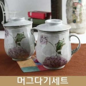 수국 뚜껑 각머그 다기 다도세트 (2인구성) 다기세트 머그다기 머그컵 뚜껑머그 다도세트 녹차잔 찻잔세트