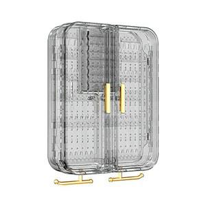 유리 창문이 있는 보석 보관함, 넓은 수직 개방형 디자인, 훌륭한 선물 침실 벽걸이 귀걸이 및 목걸이 랙, 플라스틱 투명 디스플레이 스탠드, (블랙 그레이)