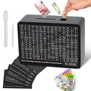 용돈박스 카운터 포함 검은 나무 돼지 저금통 돈 상자 저장 종이 절약 목표 및 유로 숫자가있는 동전 은행