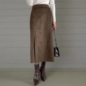 [하프클럽/]여성 스웨이드 롱 스커트 슬릿 H라인 키치 무드